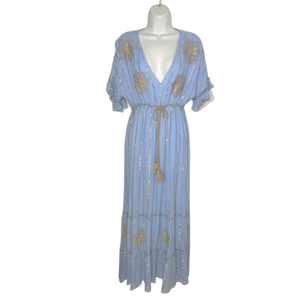 Stunning Zury Baby Blue Gold Stripe Embroidered Flowers Maxi Dress Boho M L